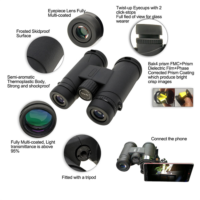 Adults Black 10x42 High Definition Binoculars Water Resistant Telescope with BAK4 Prism for Hunting